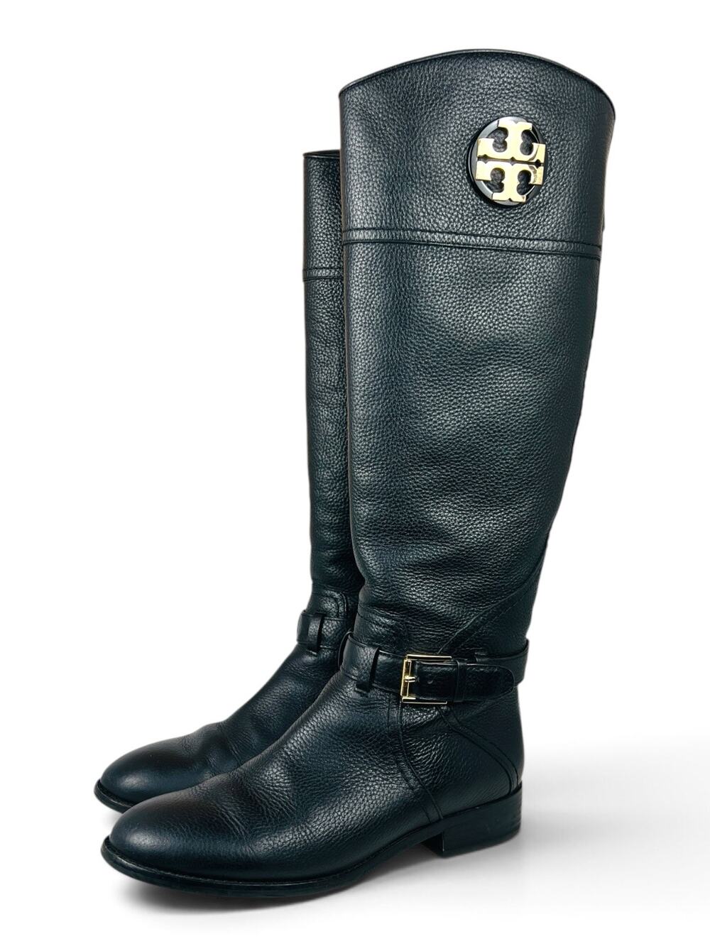 Tory Burch Adeline Black Pebbled Leather Riding Boots Gold Medallion Back Zip 7